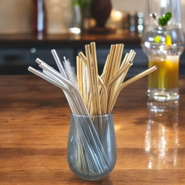 Paille en inox coudée argentée réutilisable – 21 cm