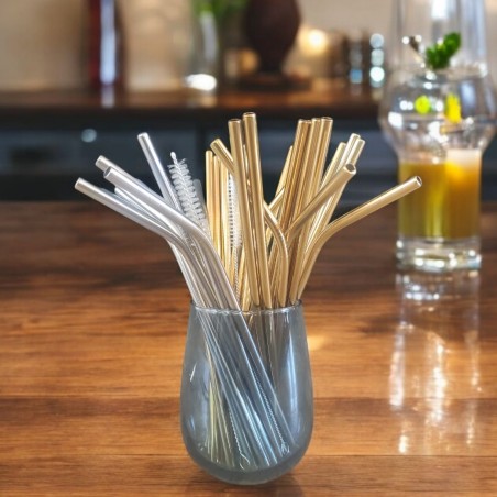 Paille en inox coudée argentée réutilisable – 21 cm