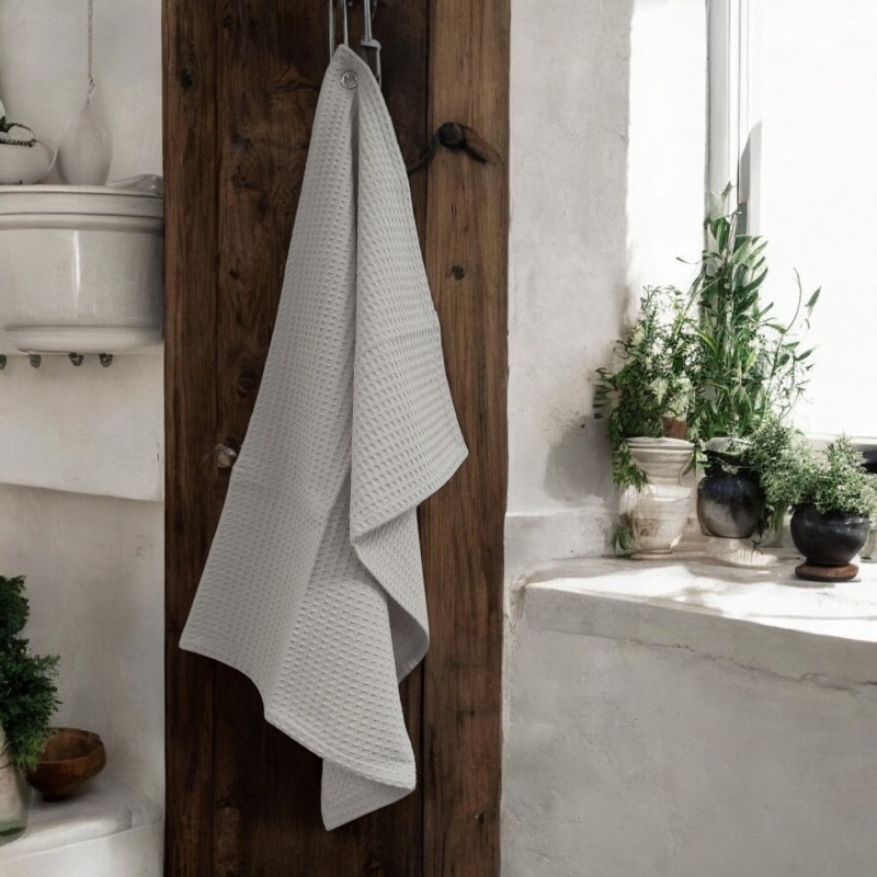 Torchon nid d’abeille gris souris – Déco cuisine rustique avec plantes