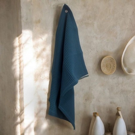 Torchon en nid d’abeille couleur pétrole – Ambiance déco mur en pierre