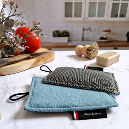 Eponge lavable made in France qui gratte mais ne raye pas bleu gris