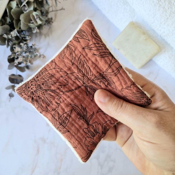 Lingette démaquillante lavable Pivoine Terracotta en double gaze de coton