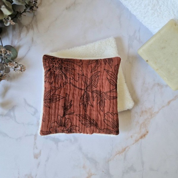 Lingette démaquillante lavable Pivoine Terracotta en double gaze de coton