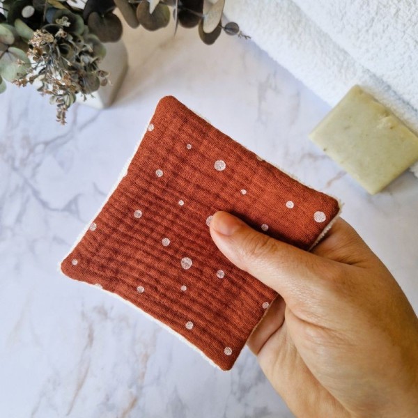 Lingette démaquillante lavable Neige Terracotta en double gaze de coton