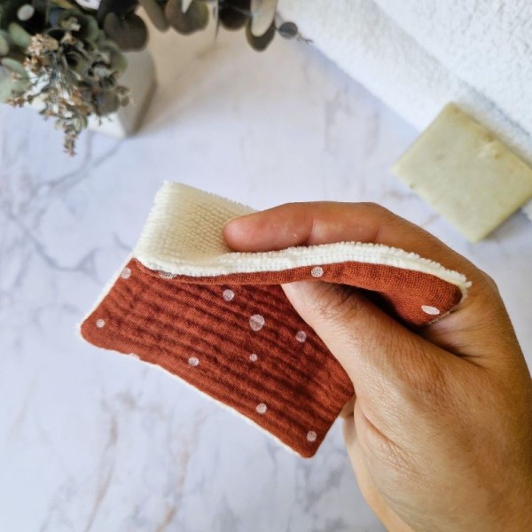 Lingette démaquillante lavable Neige Terracotta en double gaze de coton