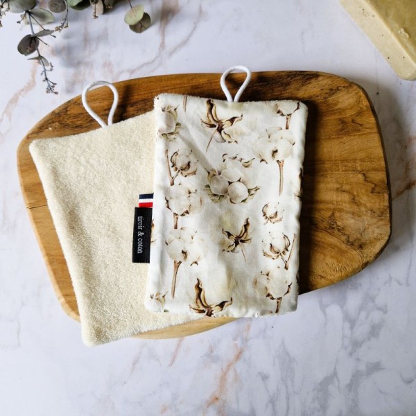 Éponge lavable Coton – Motif fleurs de coton et face absorbante 100 % coton