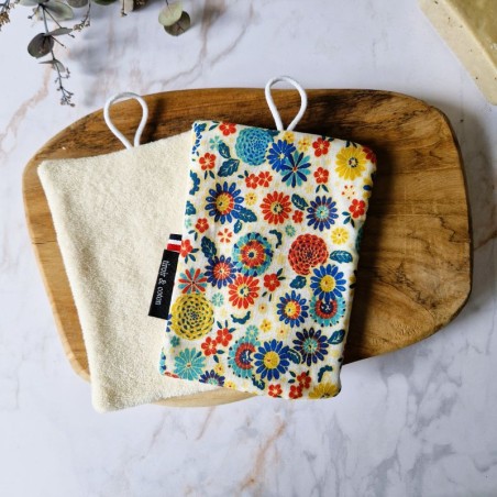 Éponge lavable Bohème – Motif floral coloré et face douce en éponge de coton