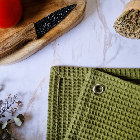 Essuie-tout lavable Olive en coton nid d’abeille avec œillet pour le suspendre