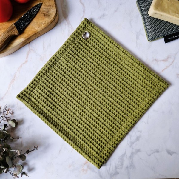 Essuie-tout lavable Olive 25 × 25 cm en coton nid d’abeille fabriqué en France