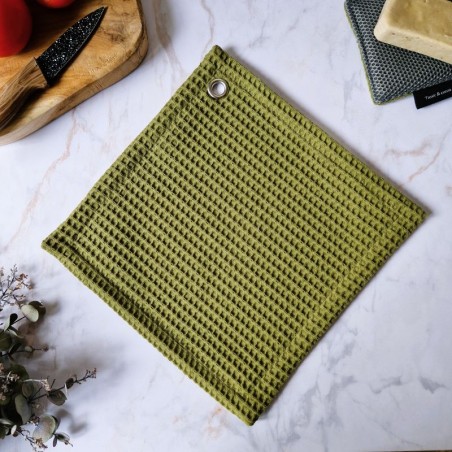Essuie-tout lavable Olive 25 × 25 cm en coton nid d’abeille fabriqué en France