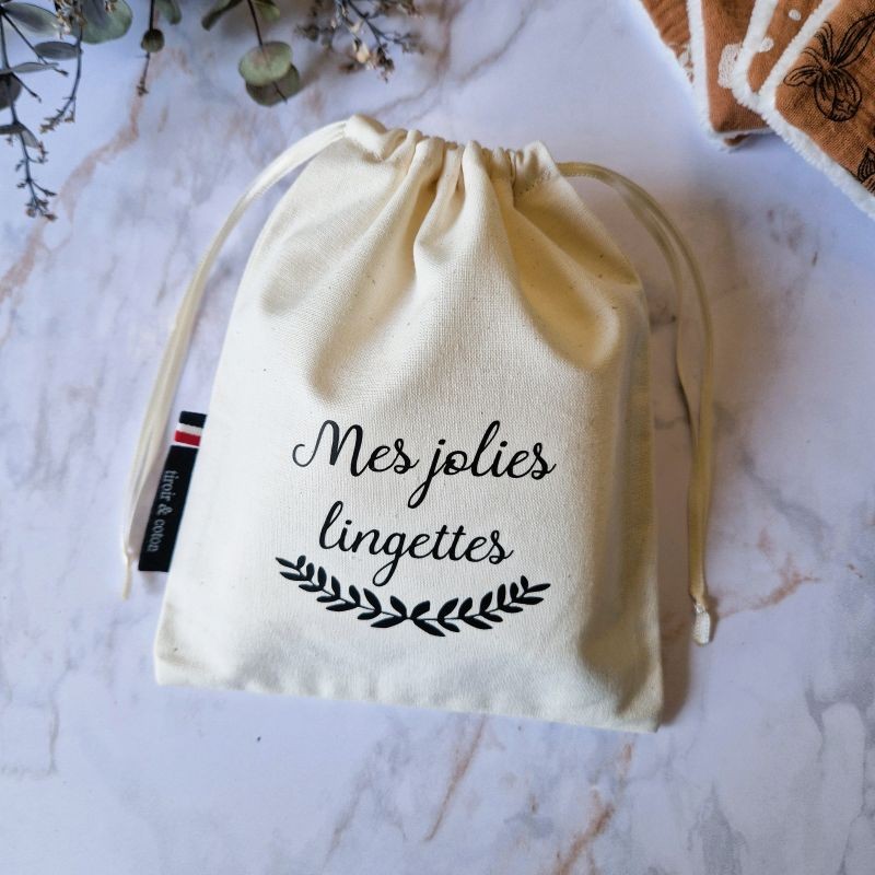 Pochon pour lingettes lavables confectionné artisanalement dans notre atelier à Écouen