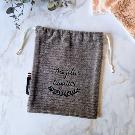 Pochon en velours côtelé ardoise 100 % coton pour ranger ses lingettes lavables